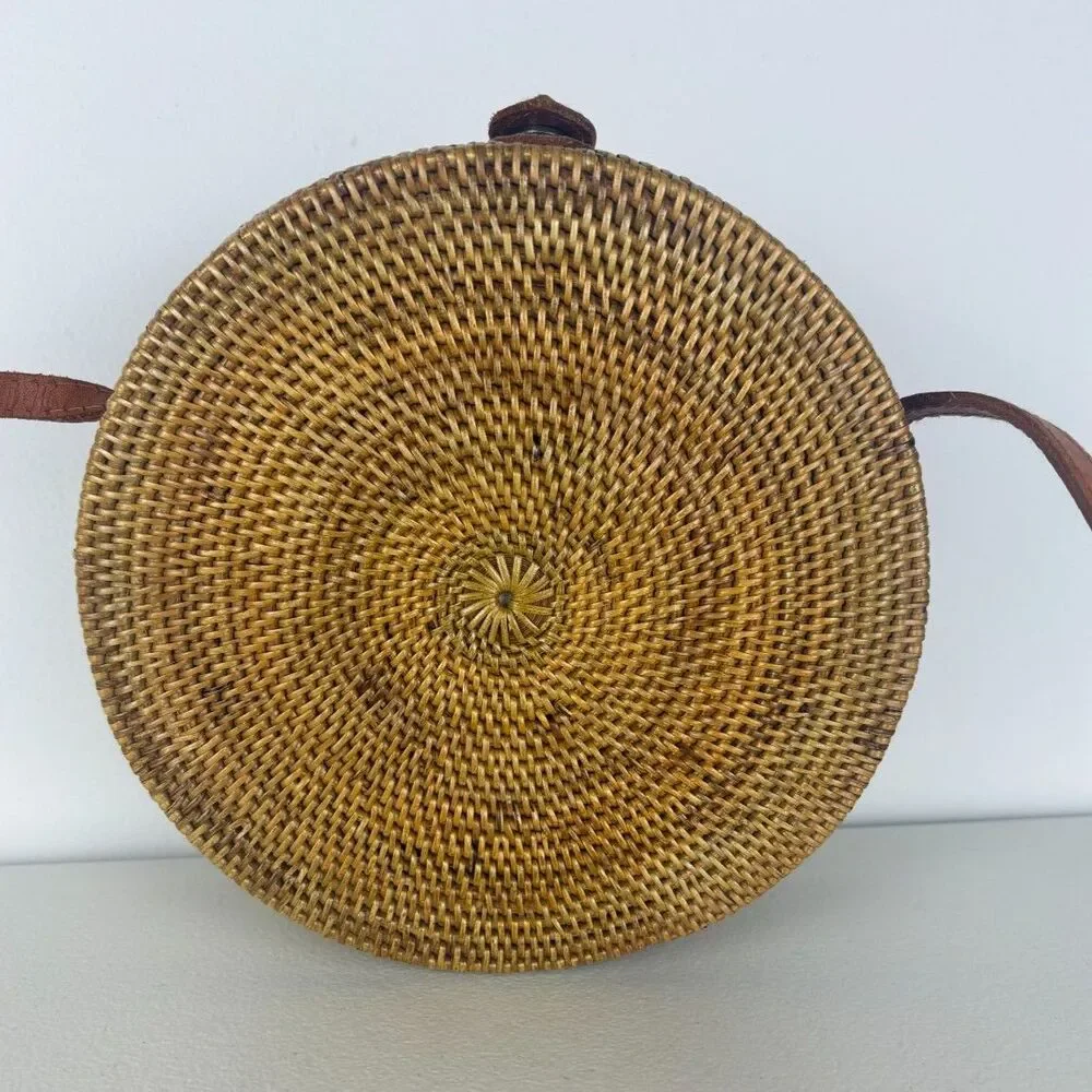 Bali Ata Grass Round Crossbody Bag Rattan Leather Batik Lined Boho Wicker Purse